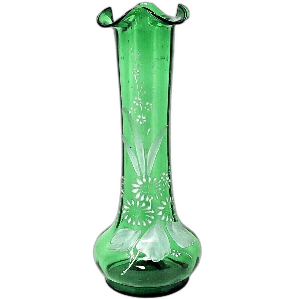 Bohemian Hand Enameled Ruffle Top Vase VTG Hand Blown Paintet Emerald Snow Glass